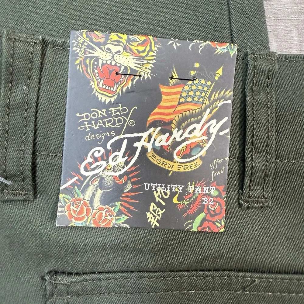 Ed Hardy Men's Screaming Tiger Straight Pants Utility Y2K Olive Size 32 NEW‎